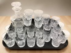 A silver mallet decanter and stopper, several groups of drinking glasses.