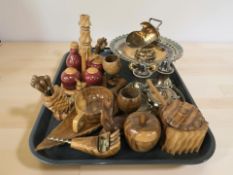 A treen cruet set, chamber stick, preserve pot and similar items, together with an EPNS cruet,