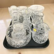 A group of crystal vases, jug, fruit bowl, etc.