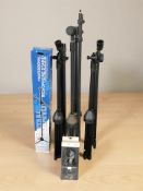 A Pro microphone stand in box, three further stands and a QTX dynamic microphone.