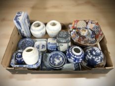 A quantity of contemporary Chinese porcelain and pottery items including ginger jars, dishes,