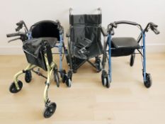 A folding wheelchair and three mobility aids.