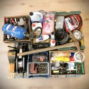 A large quantity of tools and hardware, workbench clamp, hydraulic jack, car care products, etc.