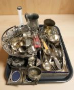 Assorted EPNS items including basket, napkin rings, cutlery, a small folding photograph frame,