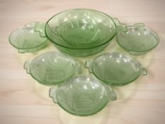 Seven Art Deco uranium glass bowls, largest 17 cm wide.