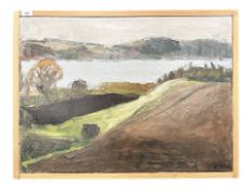 Contemporary School : Farmland by a river, oil on canvas, 75 cm x 55 cm.