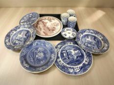 A group of Spode blue and white collector's plates, three mugs, etc.