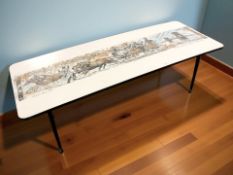 A melamine rectangular coffee table depicting Blaydon Races, 1862, width 124 cm.