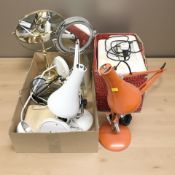 Two enameled metal angle poise lamps, two shaving style mirrors, a Eumig projector in box, etc.