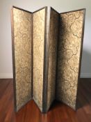 An oak four fold screen with embroidered panels,