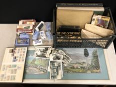 A group of die cast cars including Corgi, a Revell MGB sports car modelling kit, postcards, atlases,