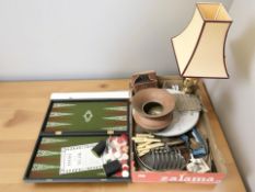 A quantity of EPNS wares, a vintage camera, marble serving platter, brass table lamp,