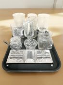 A chrome and glass pen stand, a Wedgwood etched glass silver jubilee goblet, 1977,