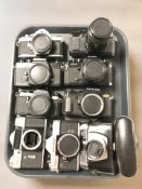 A group of camera bodies including Zenit E, Fujica ST801, Pentax NV1 and MX cameras, Yashica FR,