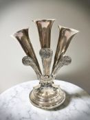 A loaded-silver triple bud vase with Prince of Wales plume, maker's mark rubbed, Birmingham 1902,