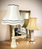 A reproduction gilt mirror, 105 cm x 75 cm, and two contemporary table lamps.