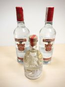 Two 1L bottles of Smirnoff vodka and a further 70cl bottle of M&S gin liqueur.