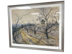 Harold Henriksen : Trees by a field with mountains beyond, watercolour, 61 cm x 47 cm.