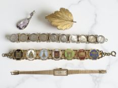 A silver three pence piece bracelet, a lady's Paul Rivage gold-plated wristwatch,