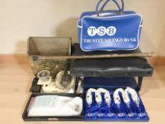 A boxed set of six Gleneagles crystal champagne flutes, together with a 1970s stool,