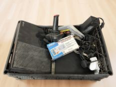 A Sony PS3, an Xbox One, together with a joystick, Super Challenge portable game, etc.