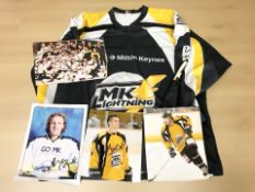 A Matt Towalski ice hockey jersey, with accompanying signed photographs.