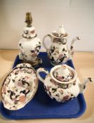 A Masons Mandalay teapot, coffee pot, lamp base and oval bowl.