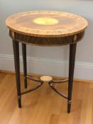 A reproduction mahogany and satinwood oval occasional table in the Georgian style, width 58 cm.