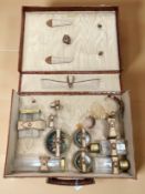 A fine part-dressing table set, seven pieces silver-gilt and painted including bottles and jars,