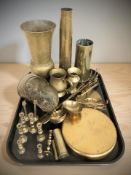 Two brass shell cases, miniature candlesticks, a trench art miniature coal scuttle, a gong, etc.