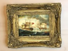 A Naive oil painting on board depicting ships at sea, signed 'JW', in ornate gilt frame,