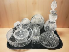 A ship's decanter, further decanter, two baskets, fruit bowl and other crystal.