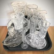 A group of crystal vases, decanter, basket, jugs.