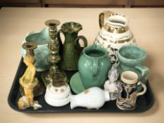 Assorted ceramics including Arthur Wood, Dee Cee, a porcelain half-doll, an oil lamp base,