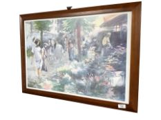 A Danish colour print : Figures in a flower market, 69 cm x 49 cm.