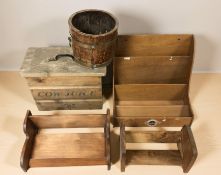 A group of wooden book troughs, correspondence rack, a brass bound planter, etc.