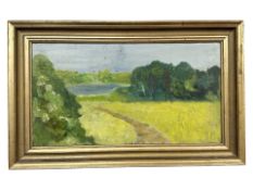 Danish School : Lake by trees, oil on board, 39 cm x 21 cm.