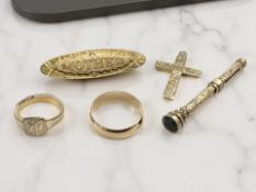 A 9ct yellow gold ring together with crucifix stamped 9ct, an antique 'Mother' brooch,