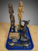 A pewter model of HMS Bounty, a contemporary Art Deco patinated figure of a nude lady,