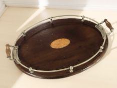 A mahogany and satinwood inlaid gallery tray with EPNS mounts, width 54 cm.