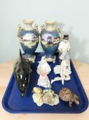 A pair of continental twin handled porcelain vases, Royal Doulton figurines, Wade tortoise,