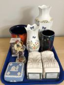 Two Aynsley porcelain vases, a Poole peacock cache pot, Wedgwood jasperware trinket box,
