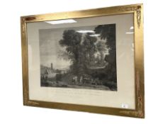 A 19th century continental engraving depicting figures with cattle, 80 cm x 61 cm.