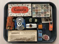 A group of vintage die cast cars including Corgi, a binnacle ship modelling kit,