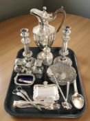 EPNS wares including a pair of candlesticks, ewer, cruet set, dishes,