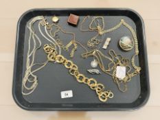 A group of gold plated and other costume necklaces, chains, compact, etc.