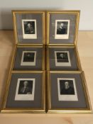 A group of six monochrome engravings of gentlemen, each 13 cm x 10 cm.
