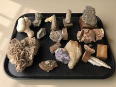 A group of geology specimens including amethyst, desert rose, quartz, etc.