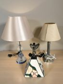 A Tiffany style table lamp with leaded glass shade and two contemporary lamps,