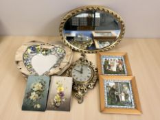 A rustic pine and ceramic heart shaped mirror, two tiled panels, a Smiths gilt wall clock,